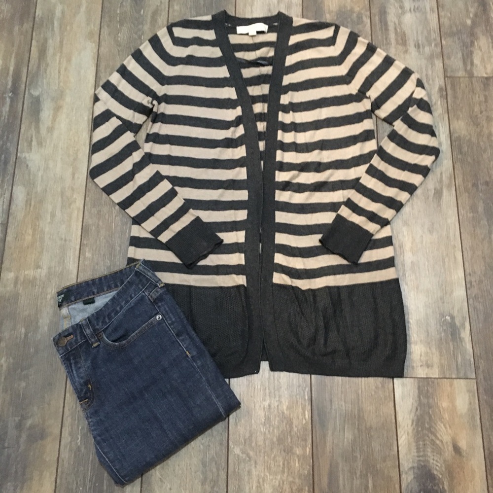 LOFT Tan & Gray striped cardigan small
